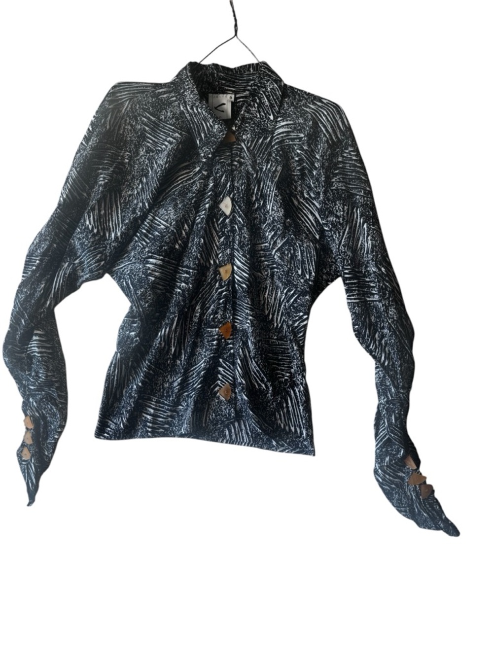 Julie V England 100% Silk 90s Abstract Animal Print Blouse 8 Top Light Blue Tan - Picture 6 of 16